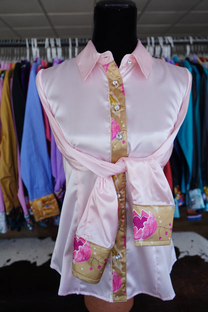 L - Gold & Pink Floral on Light Pink Satin Button Down