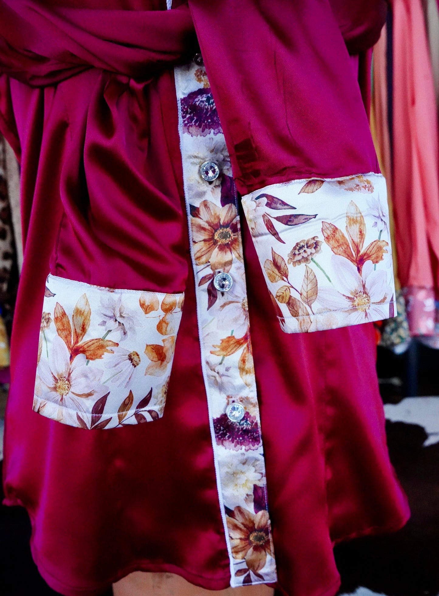 S - Watercolor Autumn Floral on Maroon Satin Button Down