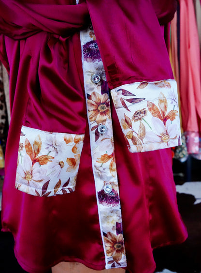S - Watercolor Autumn Floral on Maroon Satin Button Down