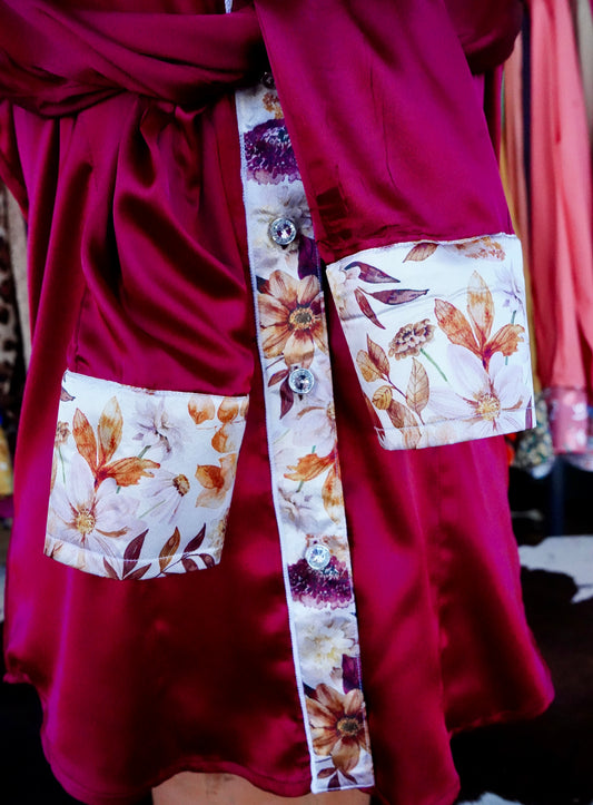S - Watercolor Autumn Floral on Maroon Satin Button Down