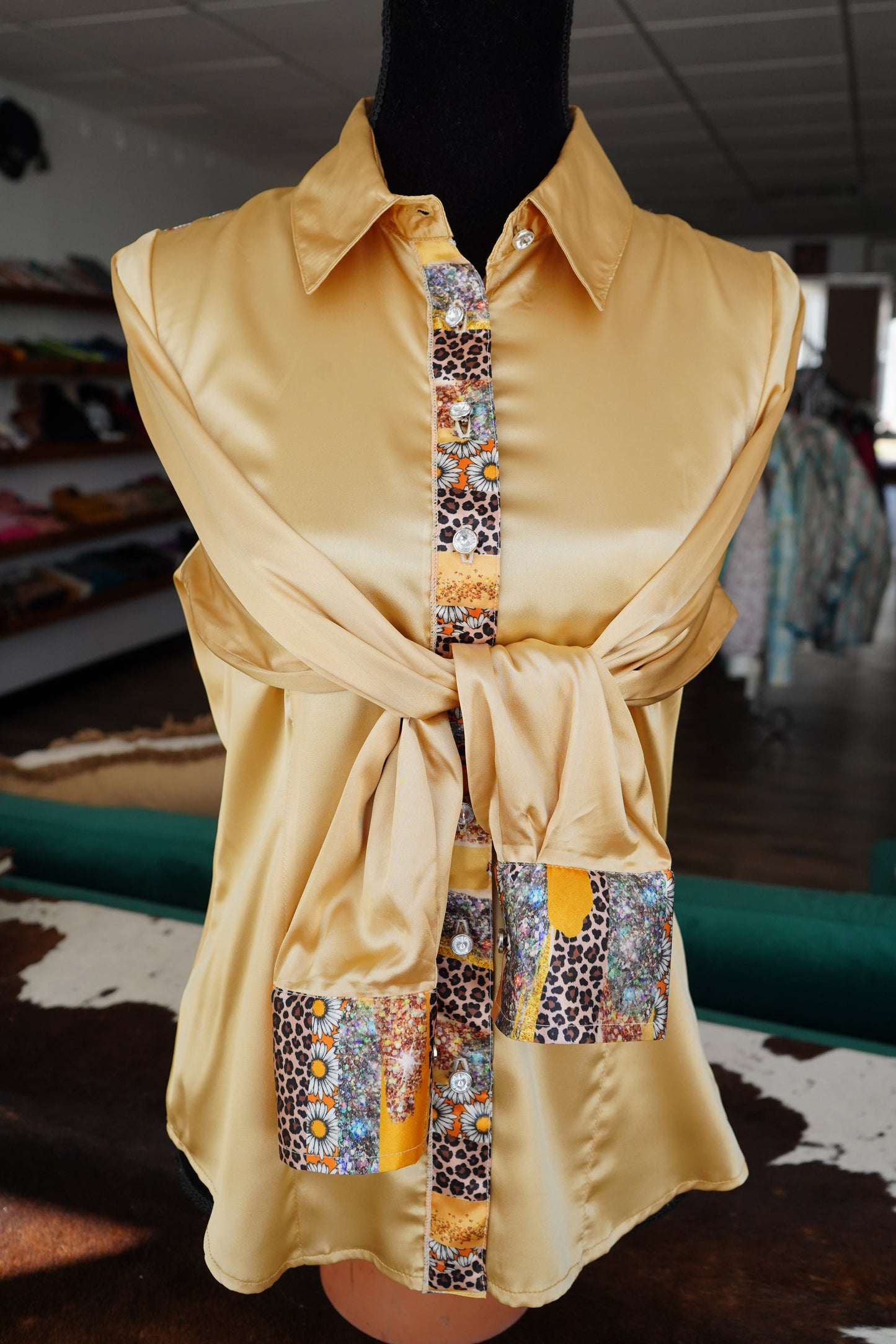 L - Daisy Cheetah Sparkles on Gold Satin Button Down