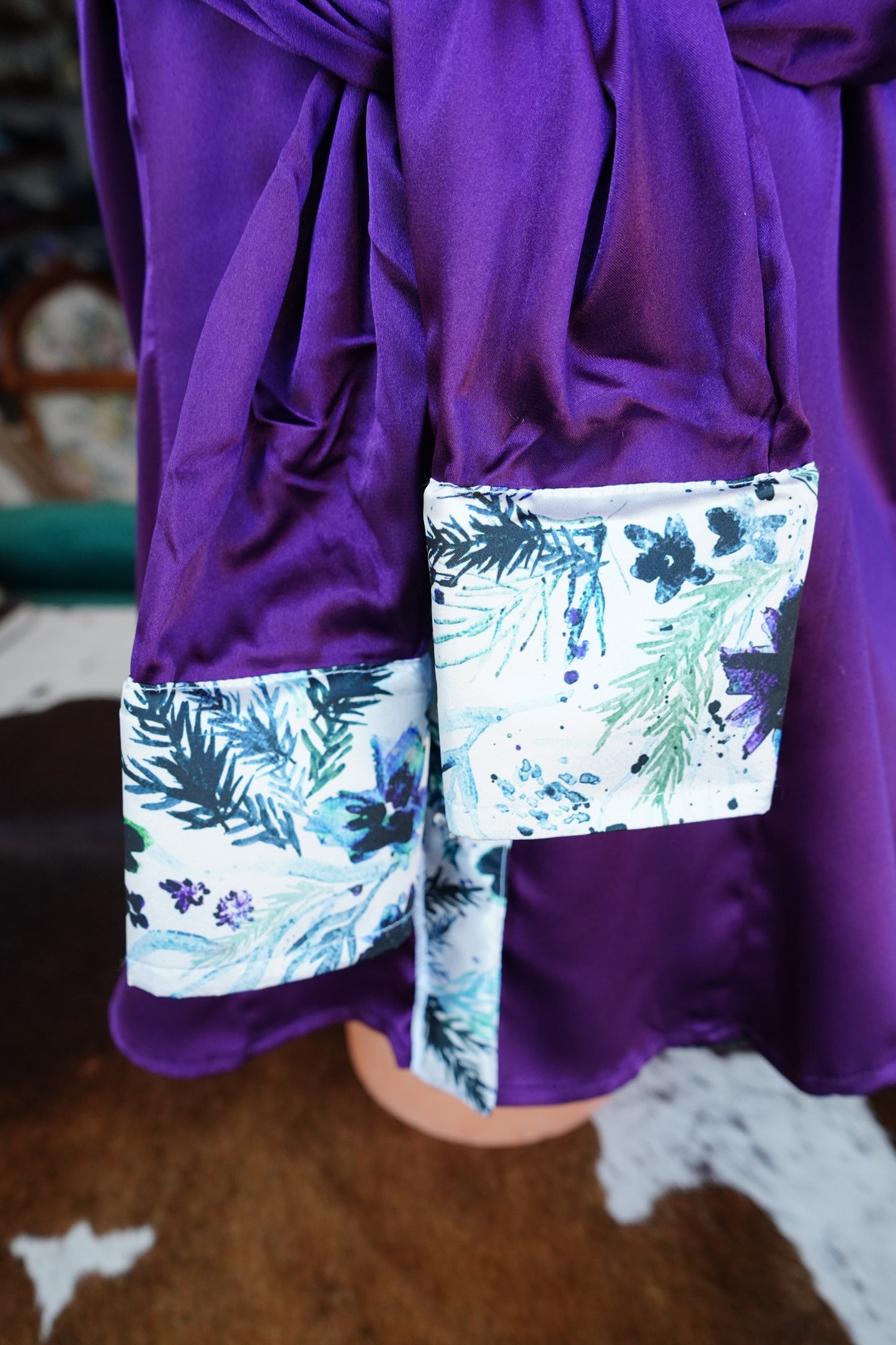 L - Watercolor Purple & Blue Floral on Purple Satin Button Down