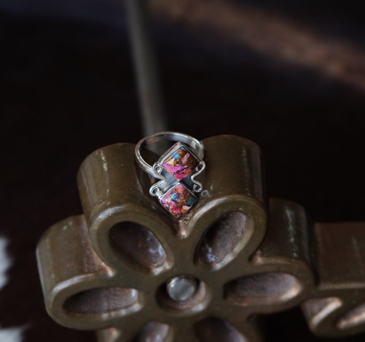 2 Stone Pink Dahlia w/ Silver Swirls Ring - Adj