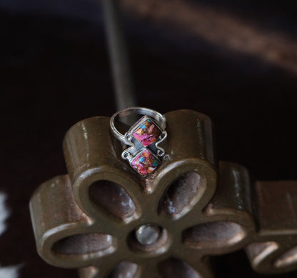 2 Stone Pink Dahlia w/ Silver Swirls Ring - Adj