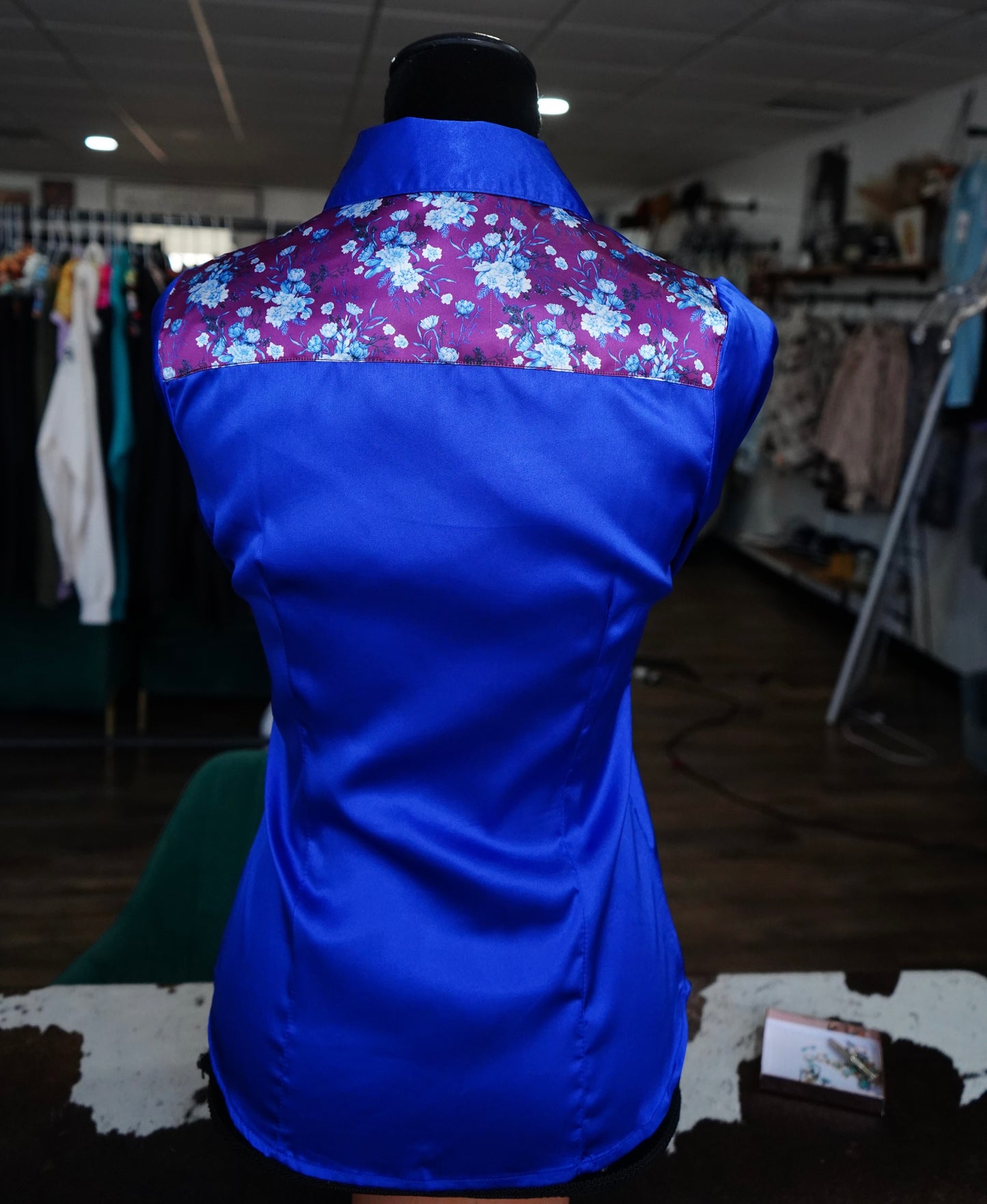 S - Burgundy & Blue Floral on Royal Blue Satin Button Down