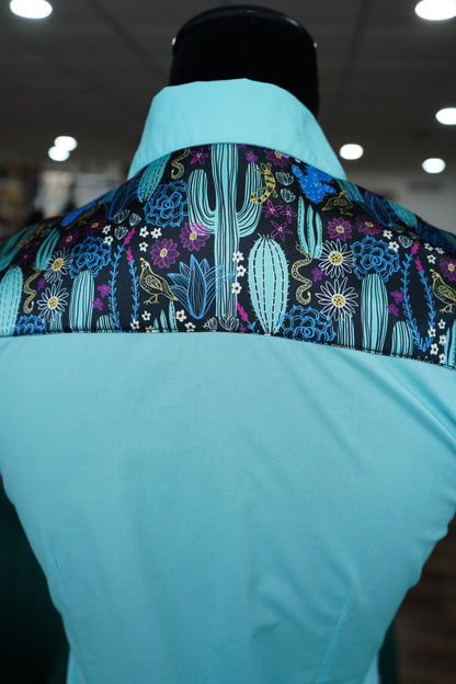 S - Magenta & Turquoise on Baby Blue Cotton Button Down