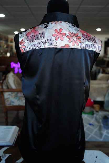 L - Stay Groovy on Black Satin Button Down