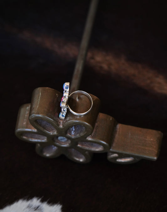 Rose Dahlia & Multi-Opal Stone Cluster Ring - Sz 8