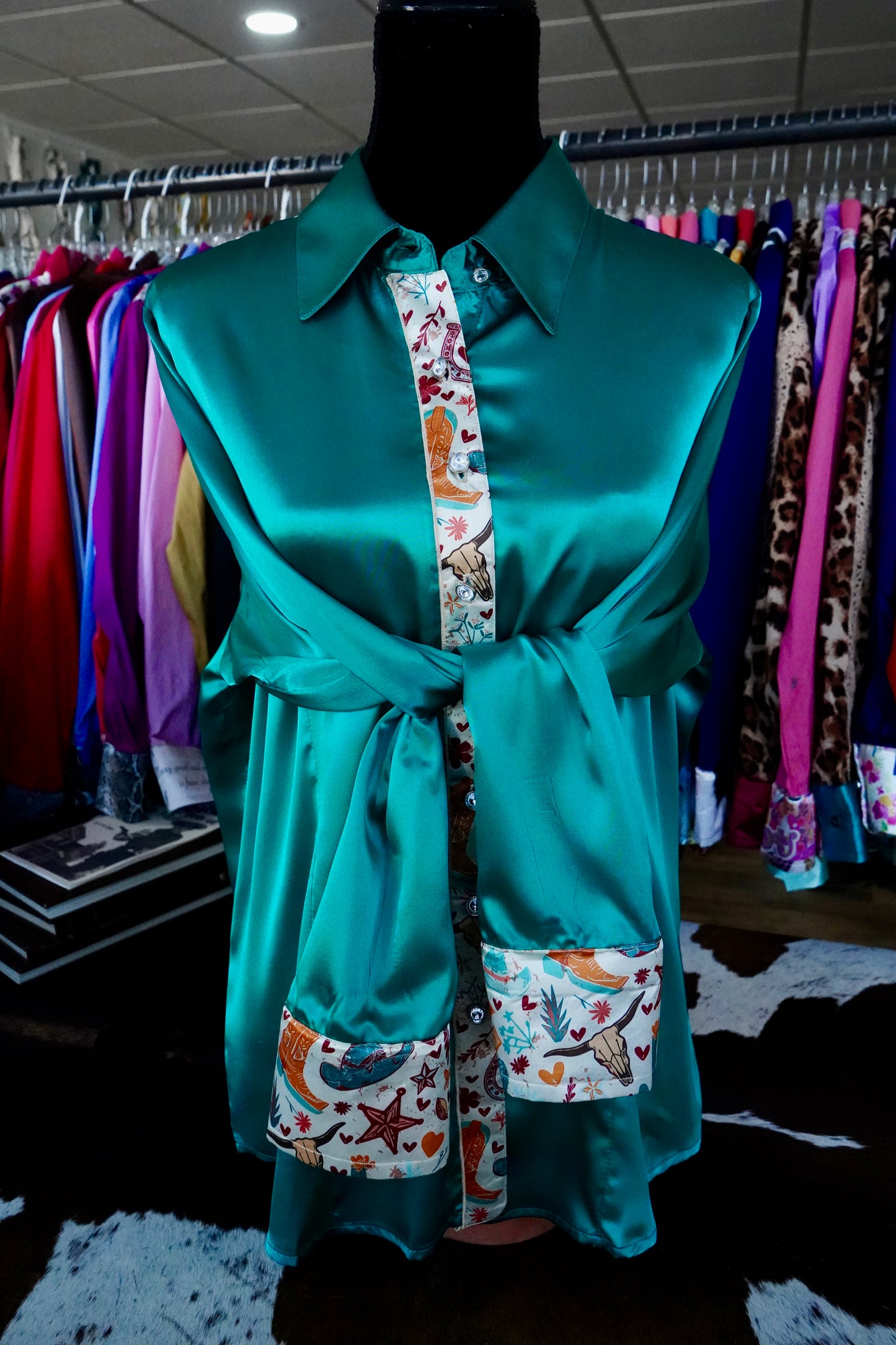 3XL - Western Emblems on Emerald Satin Button Down