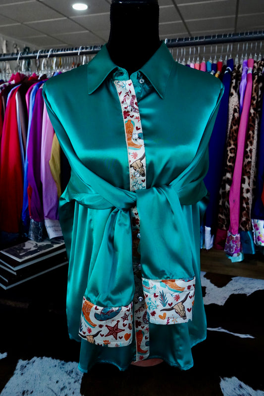 3XL - Western Emblems on Emerald Satin Button Down