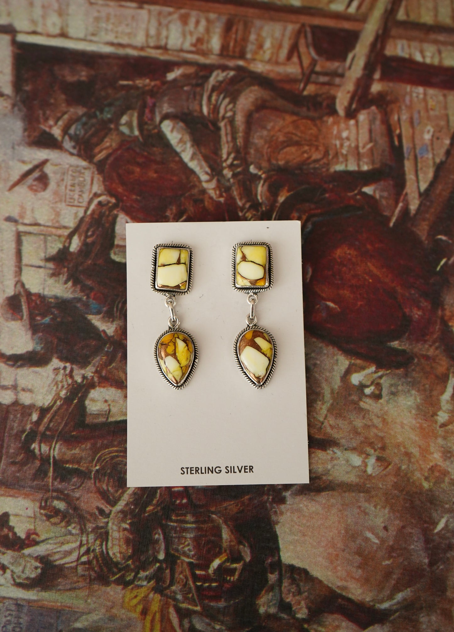 Honey Dahlia Squares w/ Dangly Teardrops Stud Earrings