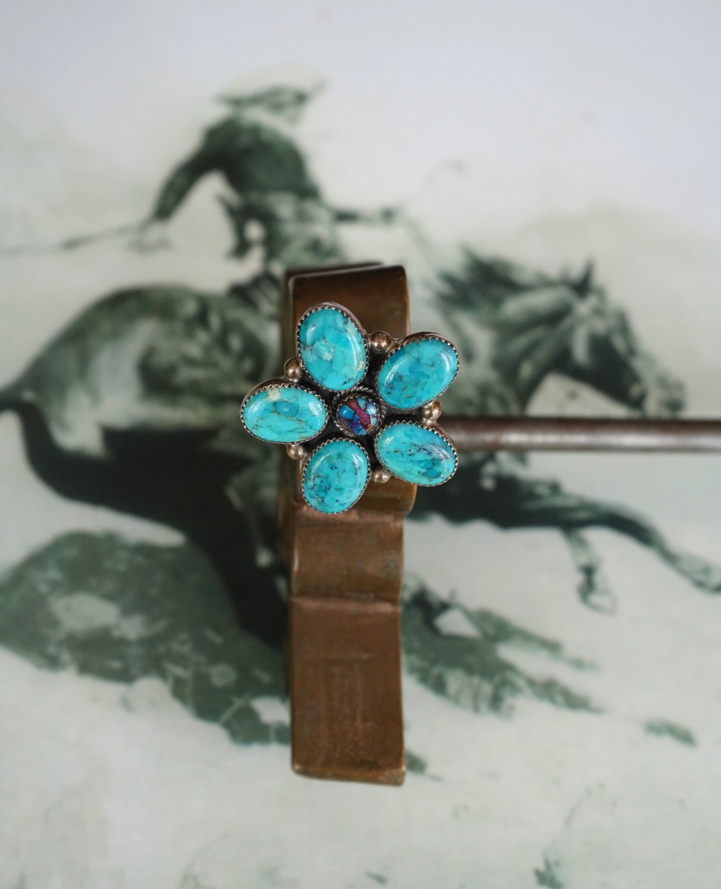 Turquoise & Pink Dahlia Flower Ring - Adj