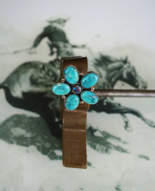 Turquoise & Pink Dahlia Flower Ring - Adj