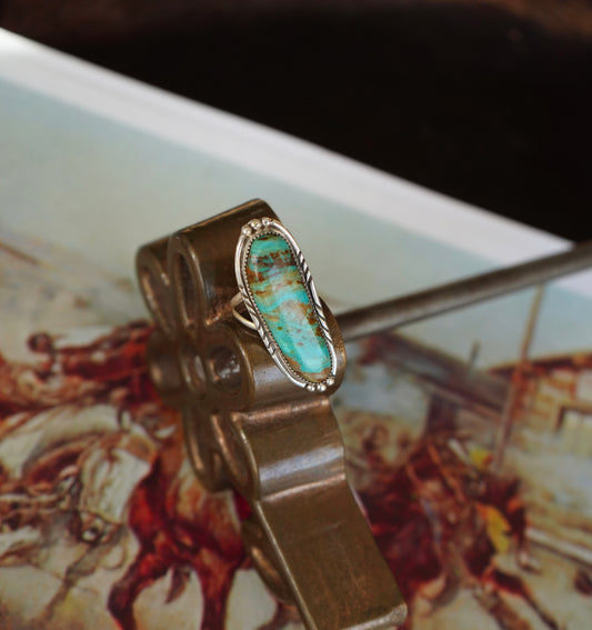 Long Oval Boulder Turquoise w/ Stamped Boarder Ring - Sz 10