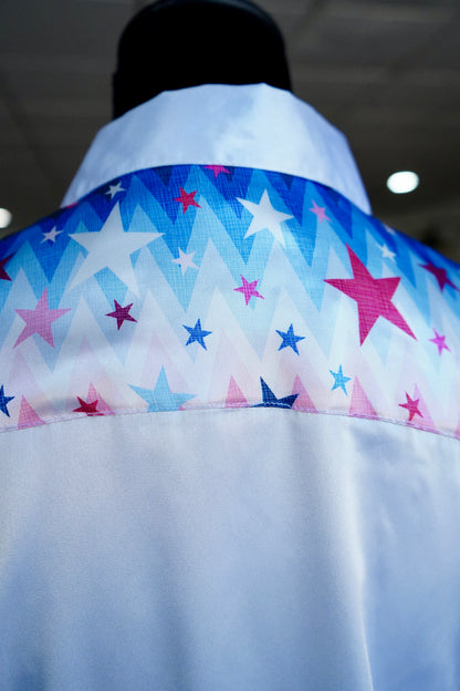 L - Patriotic Stars on White Satin Button Down