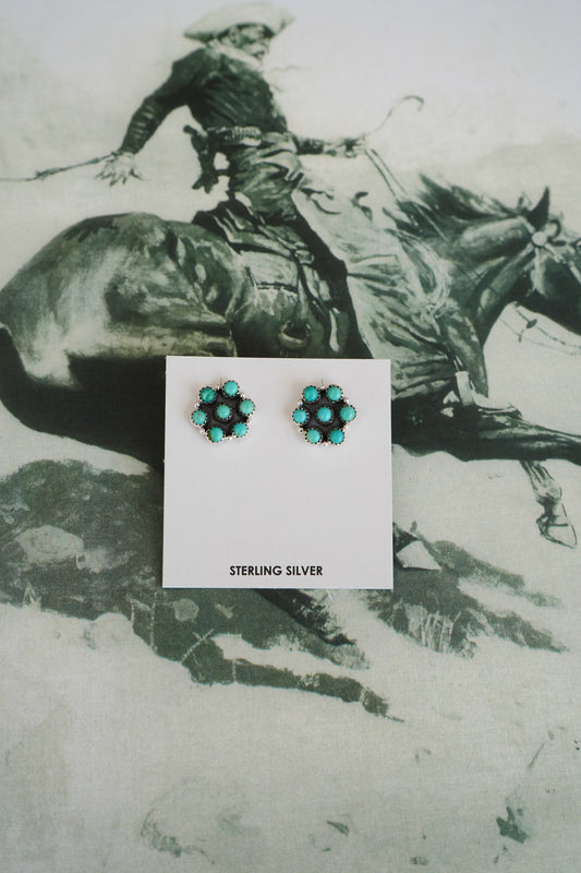 7 Stone Kingman Turquoise Flower Stud Earrings
