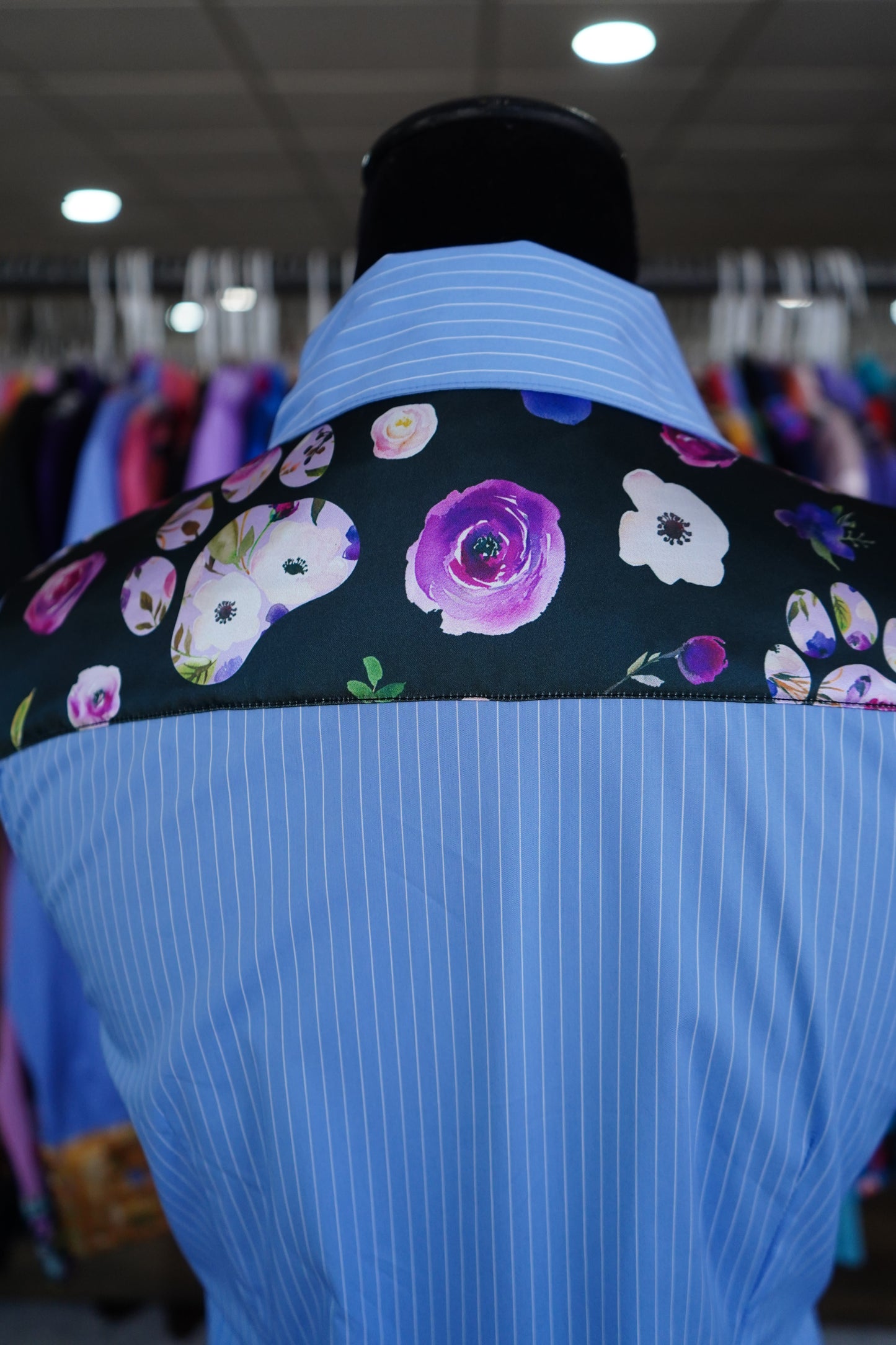 S - Floral Paw Prints on Blue Stripe Cotton Button Down