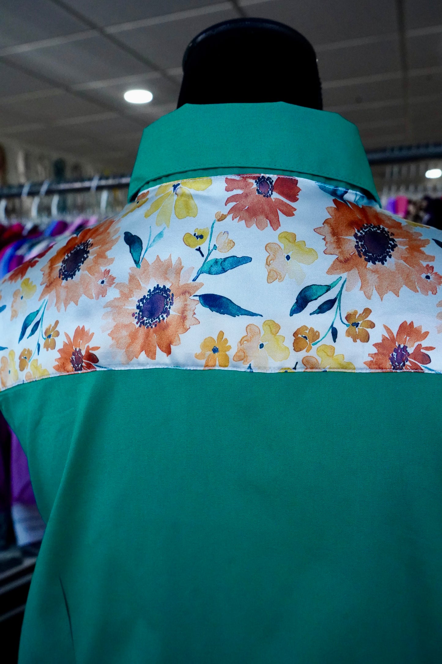 FLAWED - 2XL - Watercolor Sunflowers on Kelly Green Cotton Button Dowm