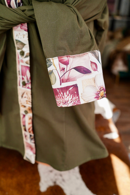 XL - Mauve Floral Stamps on Olive Cotton Button Down