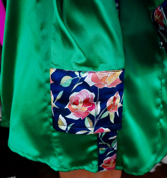 M - Stained Glass Roses on Kelly Green Satin Button Down