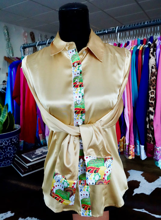 M - Triple 7 on Gold Satin Button Down
