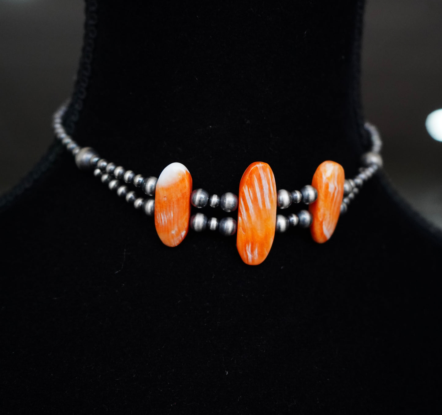 3 Stone Orange Spiny Double Sterling Silver Pearl Strand Chokers