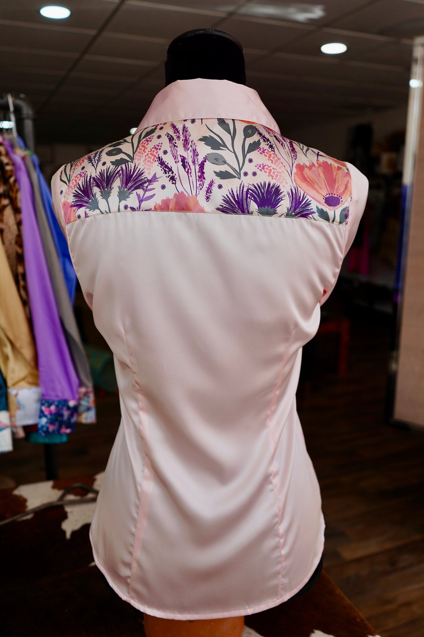 S - Plum Coral Floral on Light Pink Satin Button Down