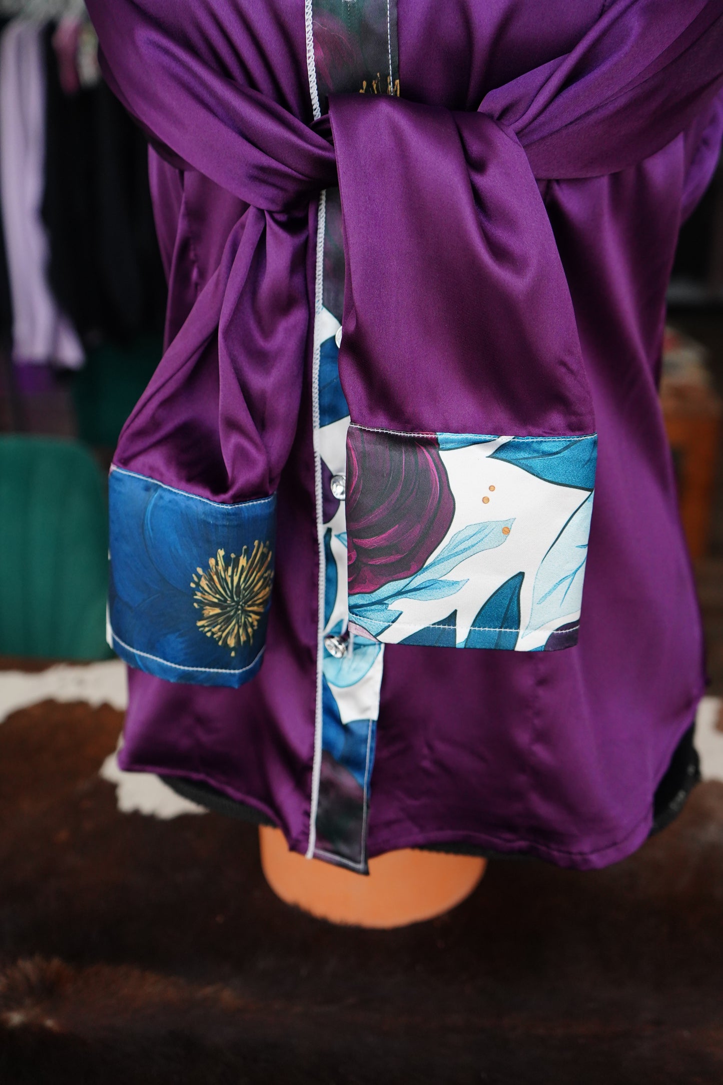 M - Purple & Teal Floral on Purple Satin Button Down