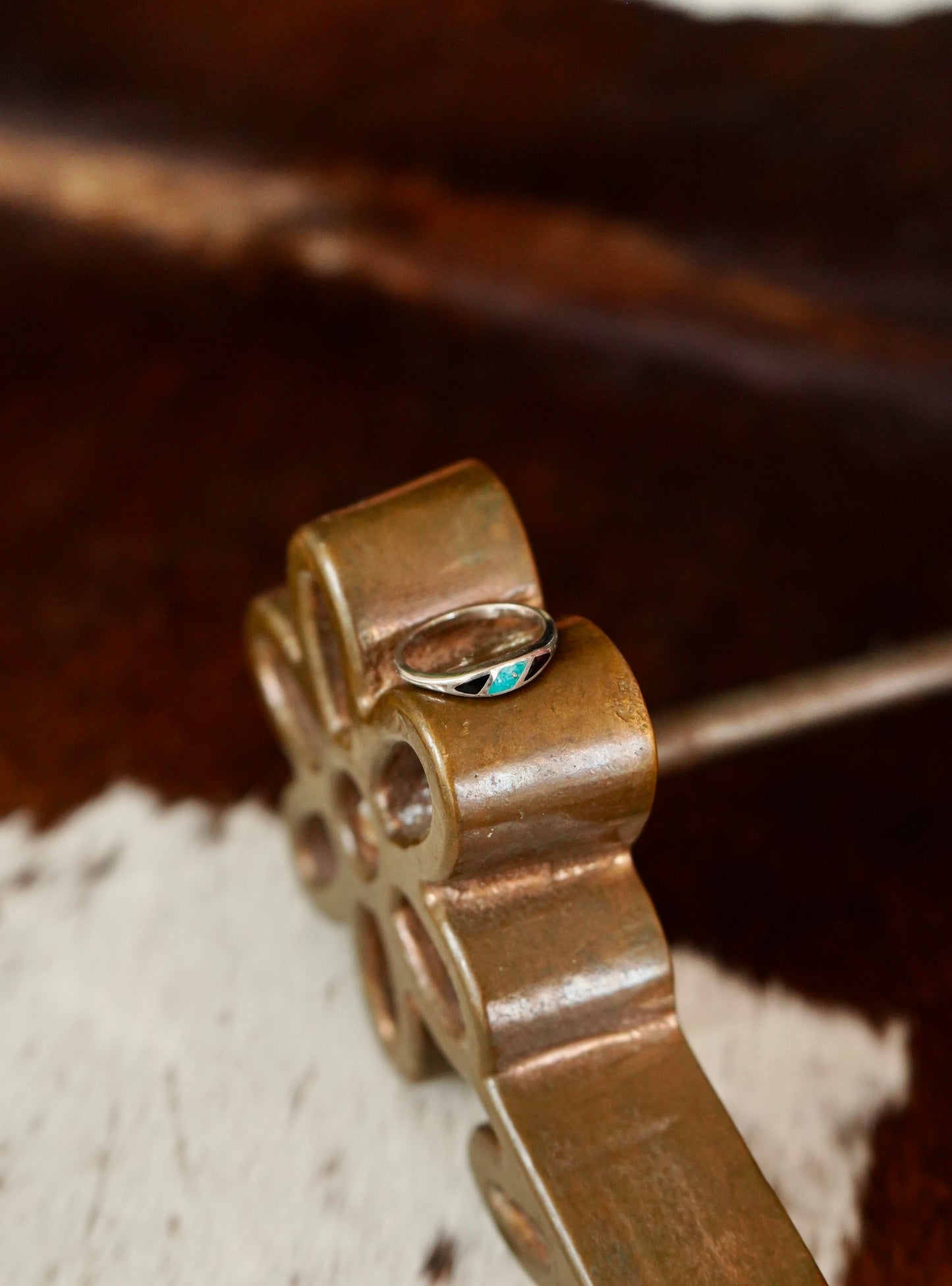 Vintage Dainty Black Onyx & Turquoise Ring - Sz 7
