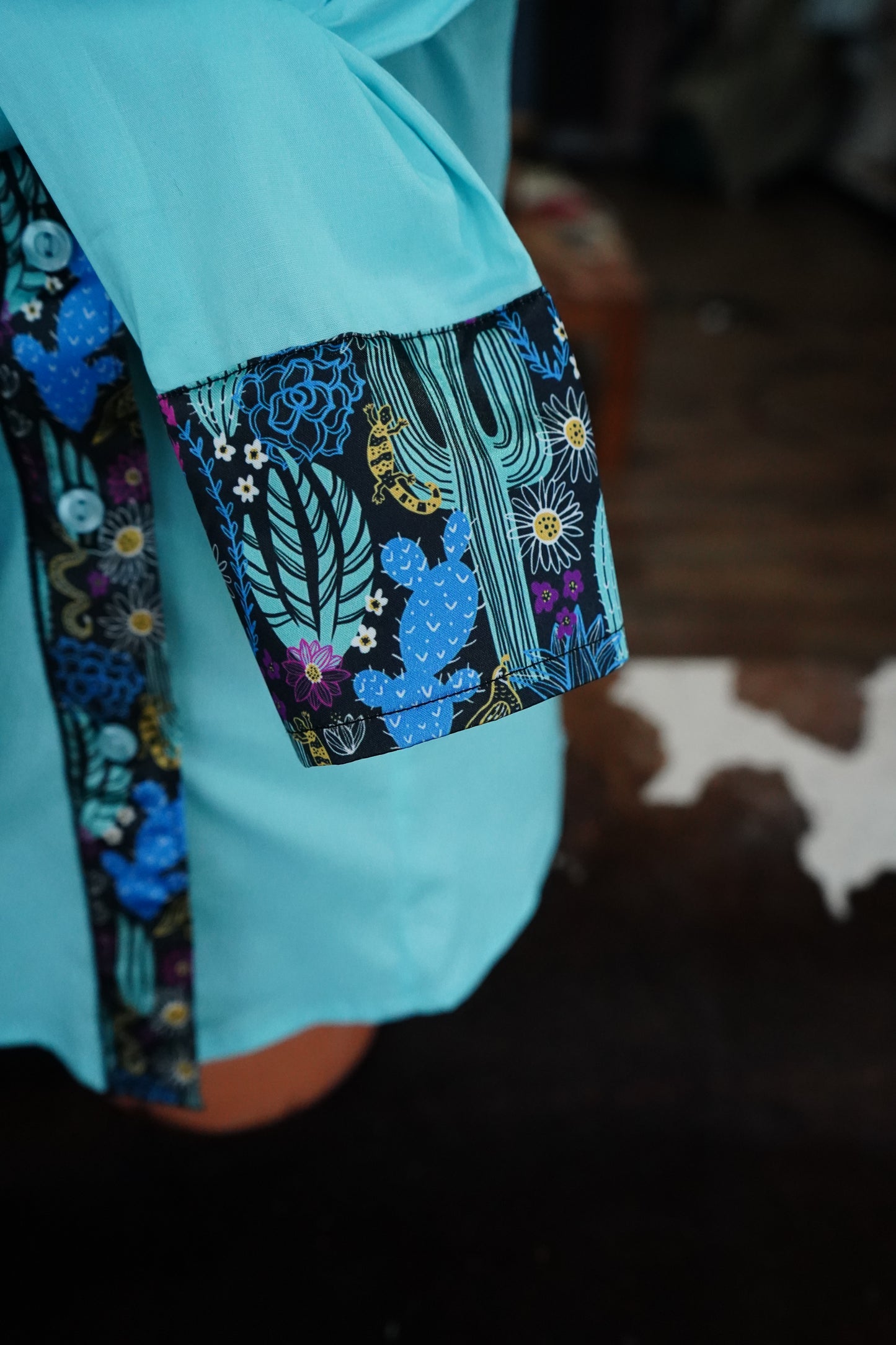 S - Magenta & Turquoise on Baby Blue Cotton Button Down