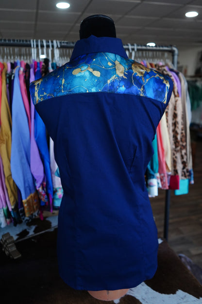 L - Blue & Navy Watercolor on Navy Cotton Button Down