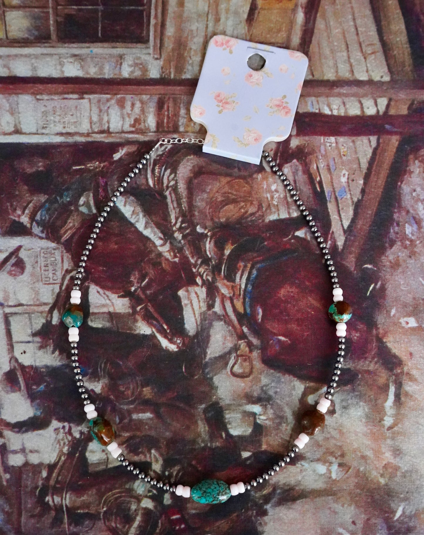 Sterling Silver Pearls w/ Turquoise & Pink Conch Necklace - 15”
