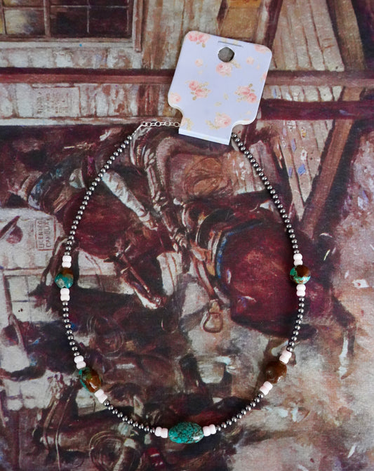 Sterling Silver Pearls w/ Turquoise & Pink Conch Necklace - 15”