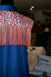 2XL - Patriotic Butterflies w/ Double Fringe on Blue Satin Button Down