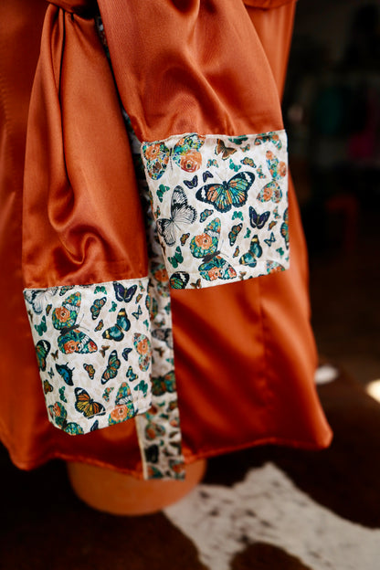 S - Cheetah Butterflies on Rust Satin Button Down
