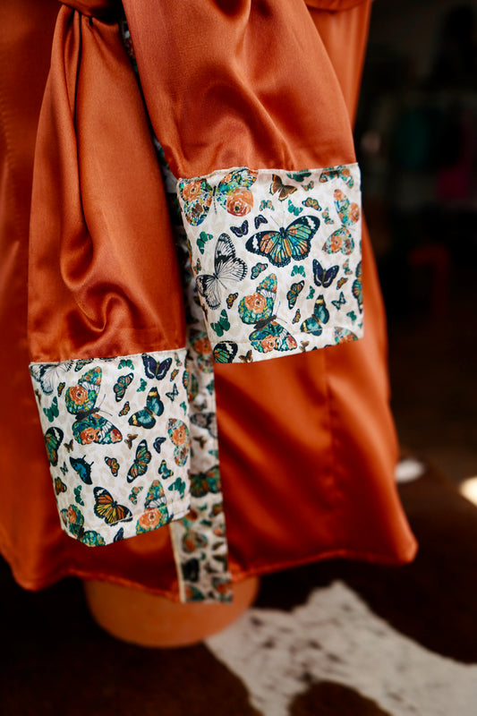 S - Cheetah Butterflies on Rust Satin Button Down