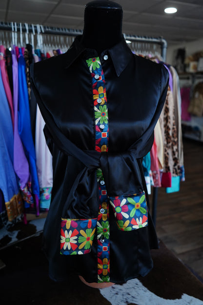 M - Multicolor Flowers on Black Satin Button Down