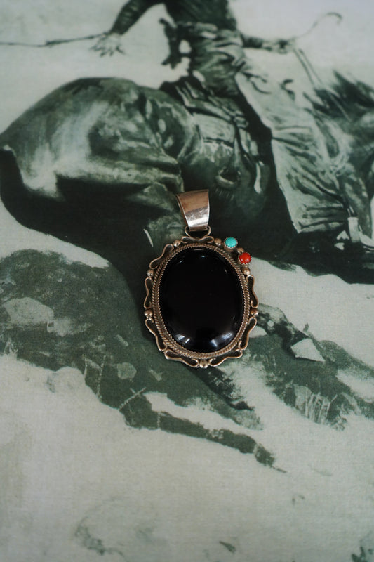 Vintage Black Onyx, Turquoise, & Red Coral Pendant