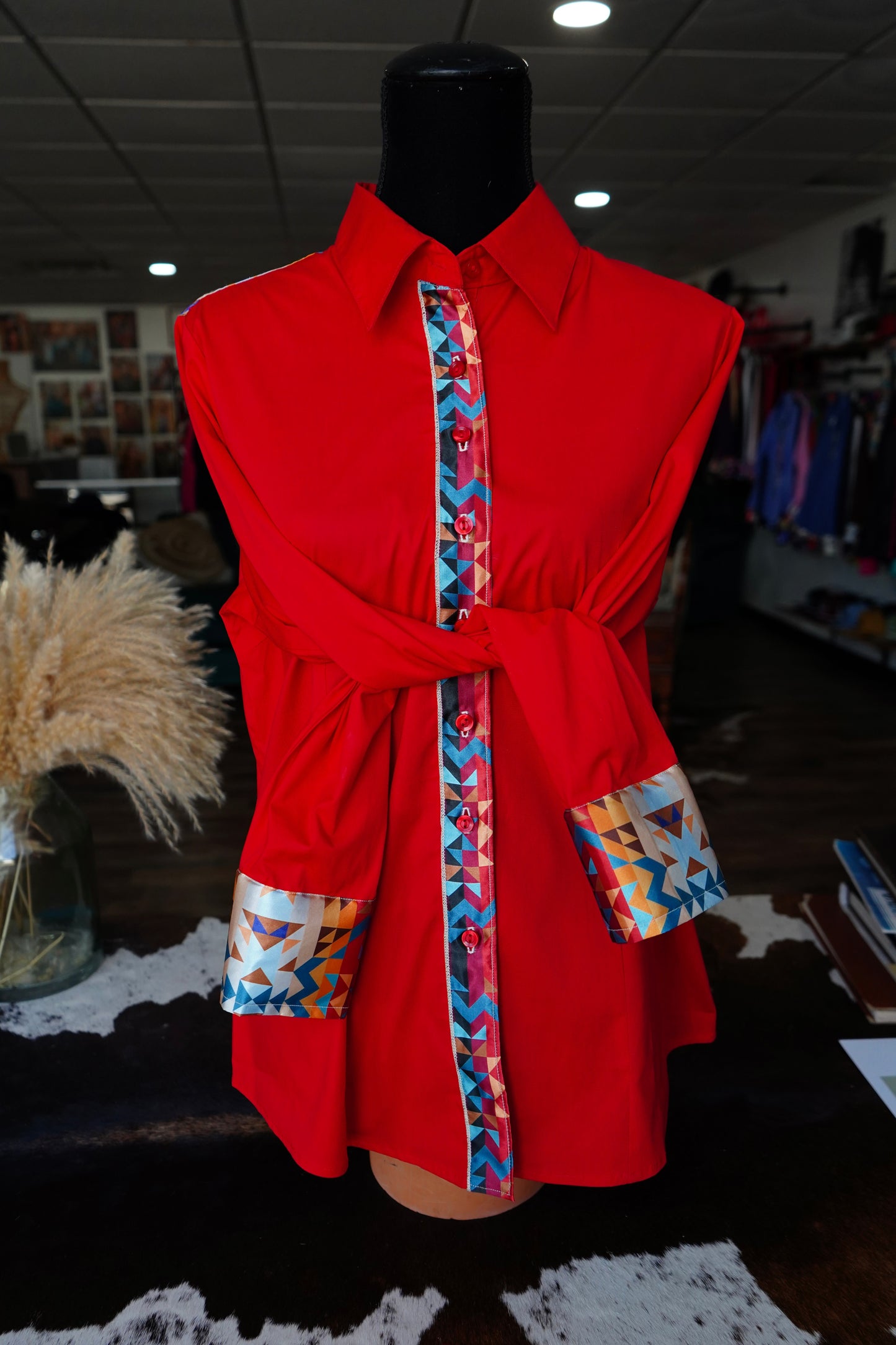 XL - Sunrise Aztec on Red Cotton Button Down