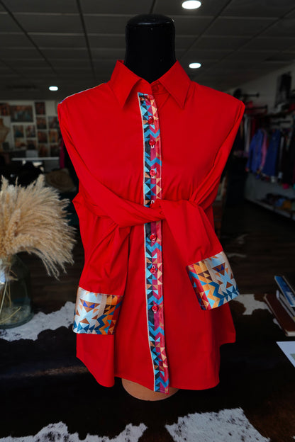 XL - Sunrise Aztec on Red Cotton Button Down