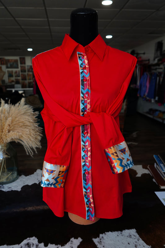 XL - Sunrise Aztec on Red Cotton Button Down