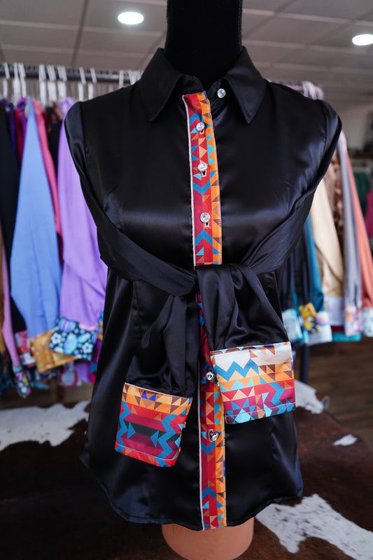 S - Sunrise Aztec on Black Satin Button Down