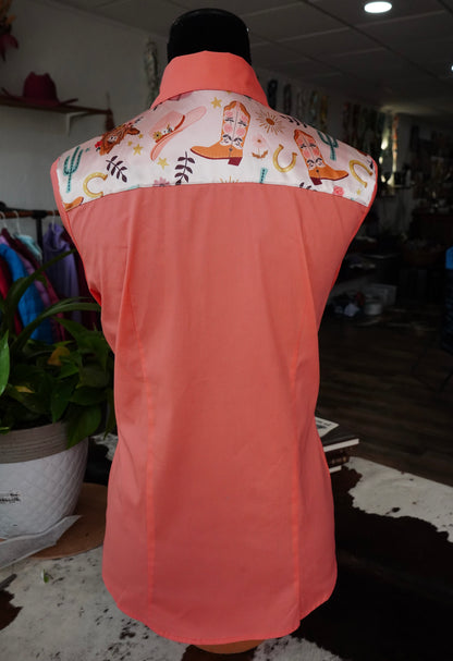 L - Watercolor Boots & Highlanders on Coral Cotton Button Down