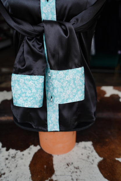 S - White & Turquoise Jacquard Floral on Black Satin Button Down