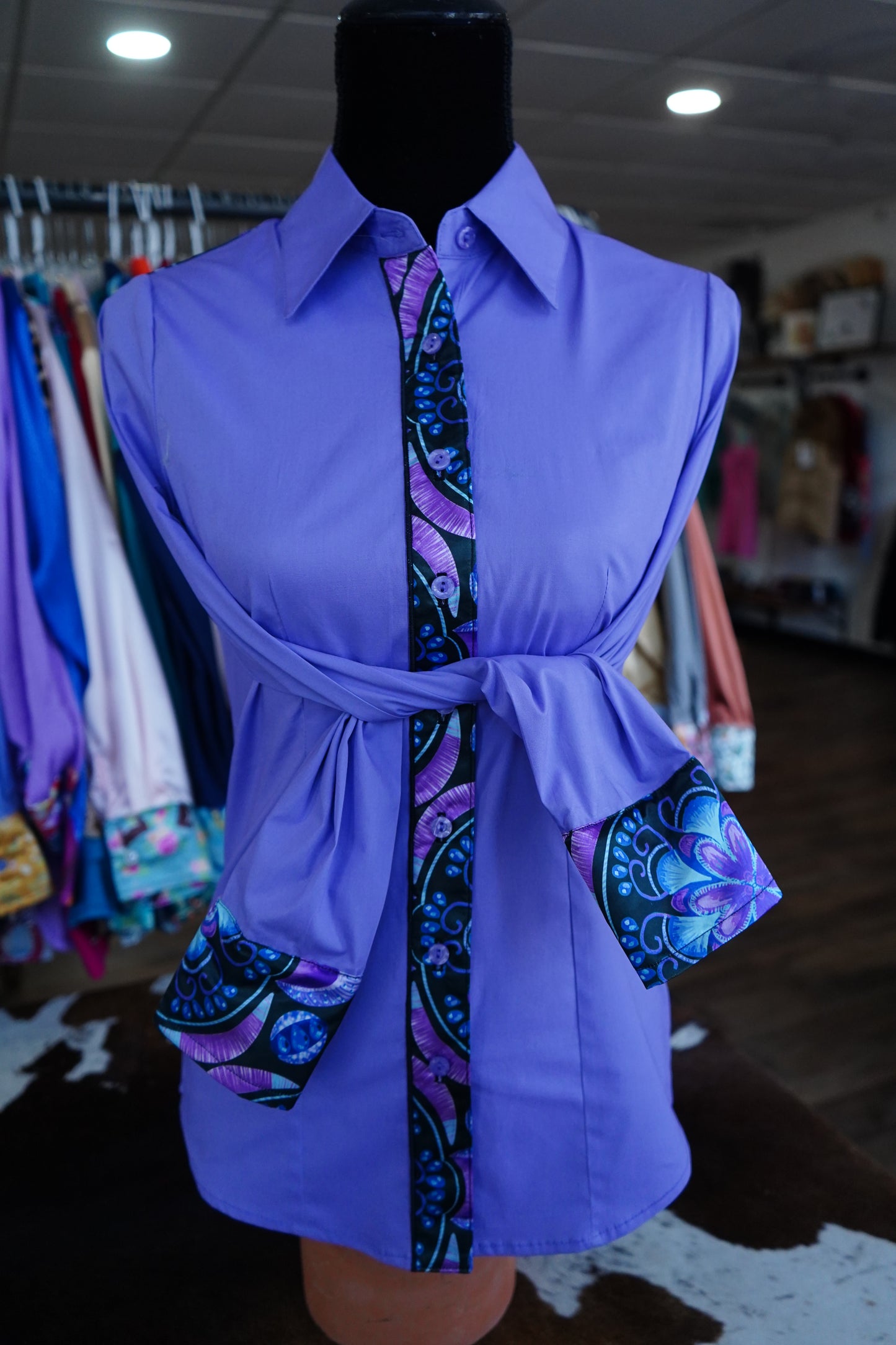 S - Purple & Blue Designs on Lavender Cotton Button Down