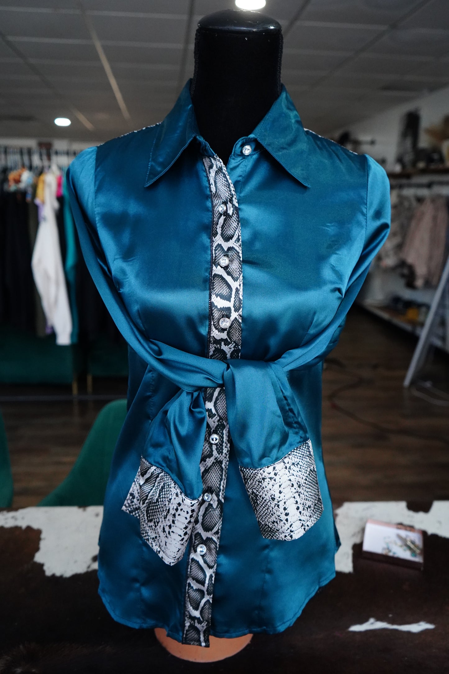 S - Snakeskin on Teal Satin Button Down