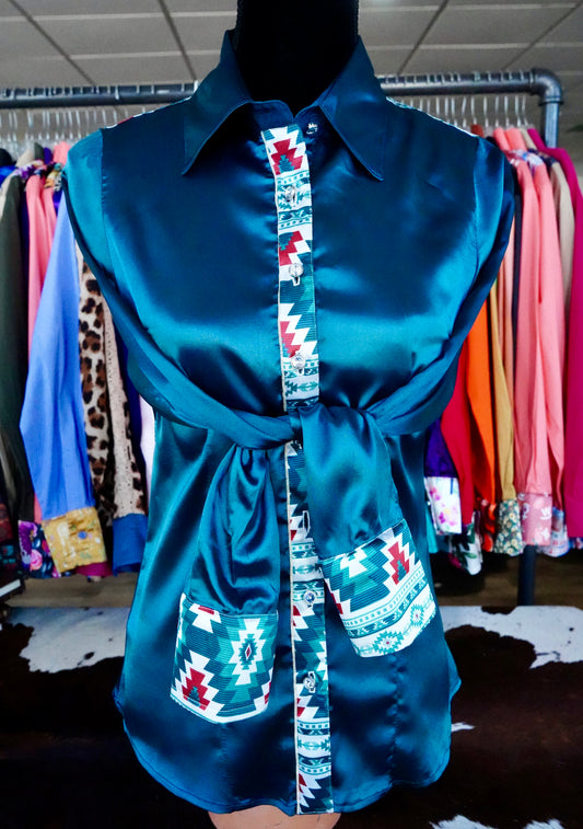 S - Teal Montana Aztec on Teal Satin Button Down