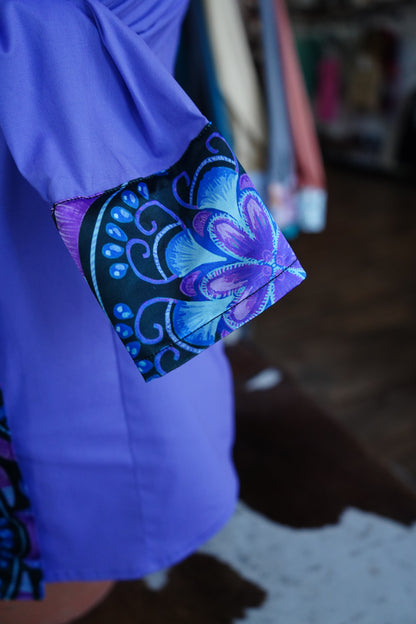 S - Purple & Blue Designs on Lavender Cotton Button Down