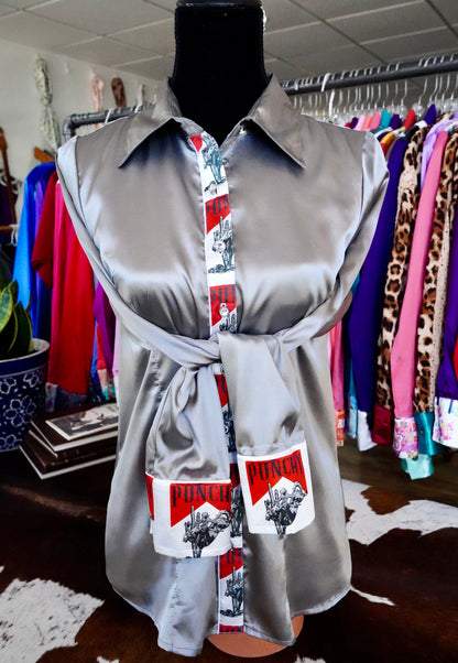 L - Punchy on Silver Satin Button Down