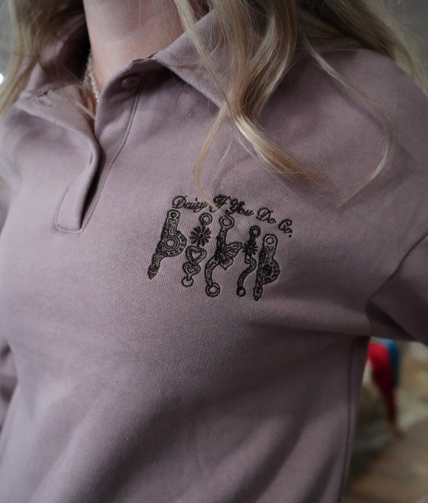 Mauve Daisy Spade Polo Button Pullover